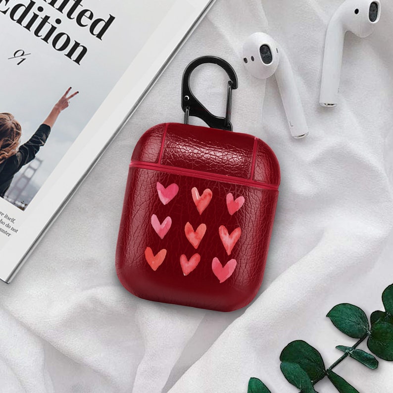 Leather AirPod Case Red Hearts AirPods Cover Apple AirPods Fashionable Cover AirPods Stuff Art Hearts AirPods Accessories CP6217 image 3