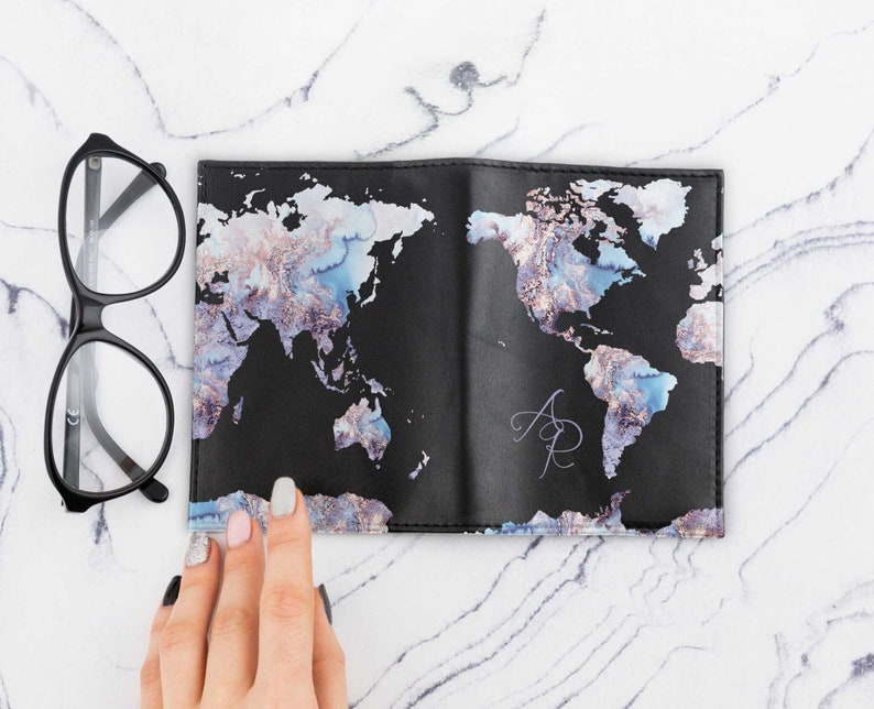 Gemstone World Map Print Passport Cover Leather Passport Holder Passport Case Travel Wallet Personalized Passport Covers Travel Gift CP6097 image 2