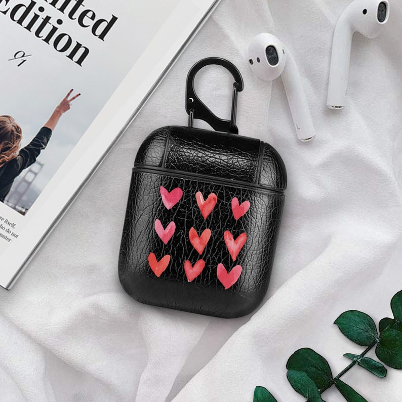 Leather AirPod Case Red Hearts AirPods Cover Apple AirPods Fashionable Cover AirPods Stuff Art Hearts AirPods Accessories CP6217 image 1