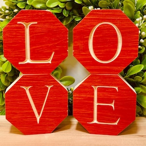 Engraved LOVE Engraved Wooden Sign with Pink Accent Hearts, Valentines Tiered Tray Decor, Contemporary Farmhouse Shelf Sitter