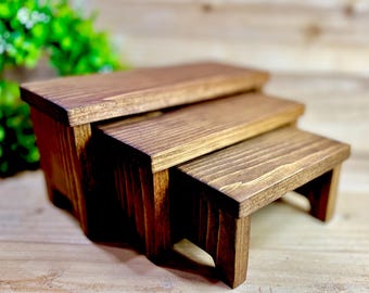 Rustic Pine Wood Nesting Risers: Farmhouse Display Set, Early American Stain