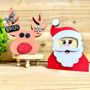 Christmas Tiered Tray Decor | Shelf Sitting Reindeer & Santa Heads | Rustic Wooden Holiday Decorations | Personalized Reindeer