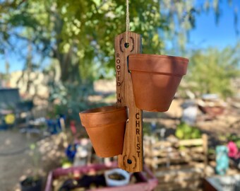Rooted in Christ Hanging Planter – Cedar Wood Wall Plant Holder, 2 Pot Terra Cotta Shelf, Christian Faith Home Decor, Bible Verse Gift
