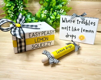 Lemon Tiered Tray Decor: Miniature Rolling Pin, Book Stack & Shelf Sign