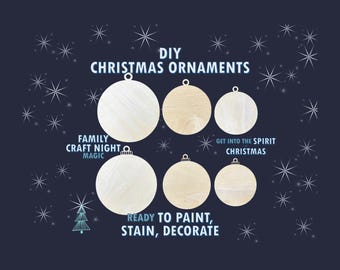May include: A navy blue graphic featuring six wooden DIY Christmas ornaments. The text reads "DIY Christmas Ornaments", "Family Craft Night Magic", "Get Into The Spirit Christmas", and "Ready to Paint, Stain, Decorate". White snowflake and Christmas tree illustrations are also present.