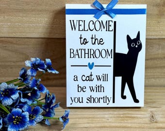 Funny Bathroom sign, cat mom gift, bathroom decor, cat sign, blue bathroom