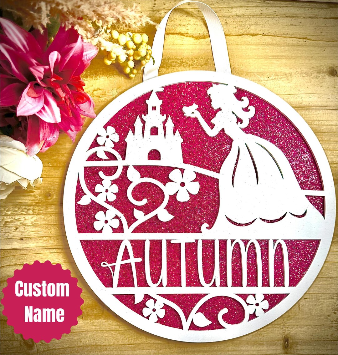 Princess Custom Signs Personalized Princess Castle Name Sign: Mauve Glitter Girls Room Decor ...