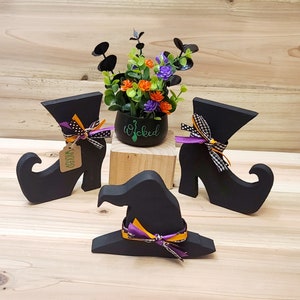 Witch's hat, witch's boots, tiered tray decor, Halloween decor fall shelf sitters