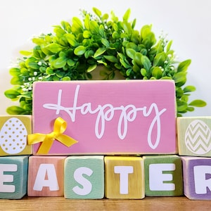 Happy Easter wooden block sign Hop bunny block stack Easter decoration rustic Easter shelf sitters