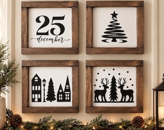 Christmas Wood Sign, 7x7 Rustic Christmas Decor, Farmhouse Holiday Sign, Christmas Silhouette Wall Art, Shelf Sitter, Set of 4