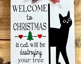 Funny Christmas Cat Sign: Mischievous Holiday Decor
