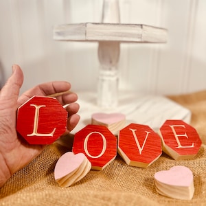 Engraved LOVE Engraved Wooden Sign with Pink Accent Hearts, Valentines Tiered Tray Decor, Contemporary Farmhouse Shelf Sitter