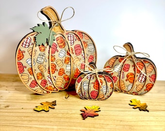 3D Wooden Pumpkin Set: Farmhouse Fall Tiered Tray Decor