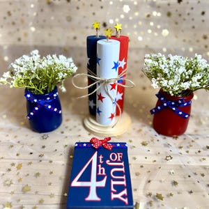 Fourth of July tiered tray decor, summer decor, patriotic decor, red, white, and blue