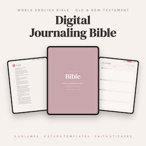 Puede incluir: Una Biblia de diario digital mostrada en tres pantallas de tableta. La pantalla central muestra una portada rosa polvoriento con el texto "Bible" y "Digital Journaling Bible". La pantalla izquierda muestra el texto del Génesis y la derecha una plantilla de estudio S.O.A.P.