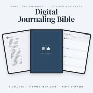 May include: A digital journaling Bible displayed on three screens. The center screen shows a dark blue cover with white text reading Bible, Digital Journaling Bible, Volume One, The Law. The left screen shows Genesis text, and the right screen shows a S.O.A.P. study template.