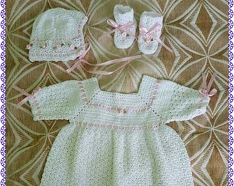 Thread Crochet Baby Christening Set with Gown, Bonnet, and Booties with Ribbons and Roses - Size 0-3 months