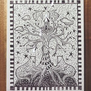 巣、リノカット版画