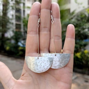 Long Silver Half Moon Earrings,Hammered Statement Earrings,Minimal Semicircle Earrings,Modern Geometric Dangle,Big Half Circle Boho Earrings