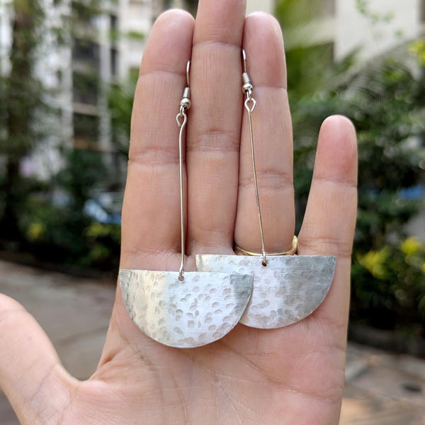 Long Silver Half Moon Earrings,Hammered Statement Earrings,Minimal Semicircle Earrings,Modern Geometric Dangle,Big Half Circle Boho Earrings