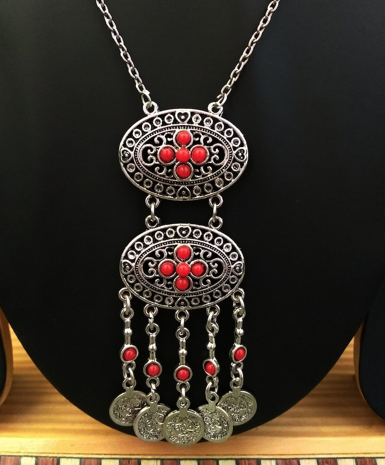 Vintage style pendant,Chunky long necklace,Coin fringe necklace,Ethnic boho necklace,Large gypsy necklace,Hippie tribal jewelry,Gift for her