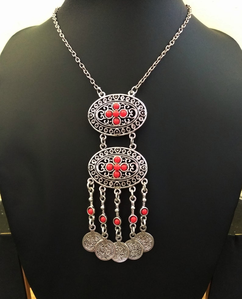 Vintage style pendant,Chunky long necklace,Coin fringe necklace,Ethnic boho necklace,Large gypsy necklace,Hippie tribal jewelry,Gift for her