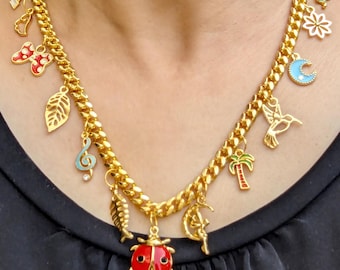 Ladybug Charm Necklace,Chunky Gold Necklace,Layering Necklace,Chain Charm Necklace,Gift For Her,Thirteen Charm Necklace,Fish Charm Necklace.