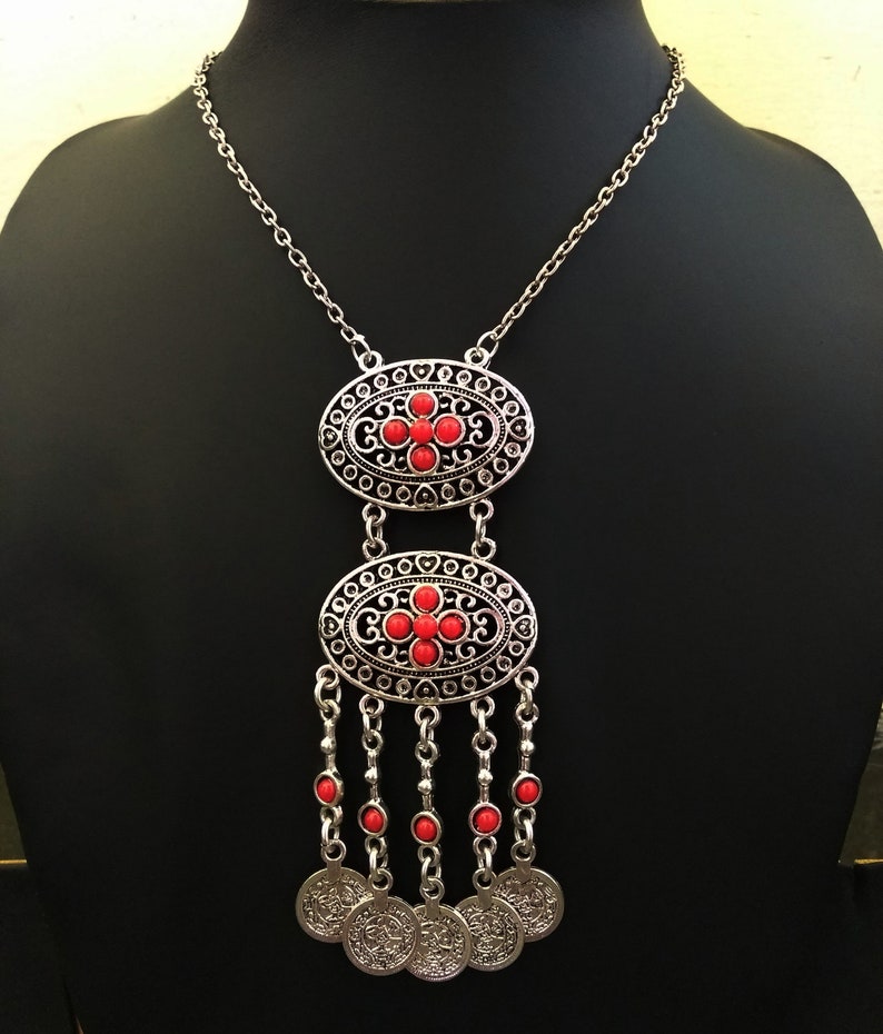 Vintage style pendant,Chunky long necklace,Coin fringe necklace,Ethnic boho necklace,Large gypsy necklace,Hippie tribal jewelry,Gift for her