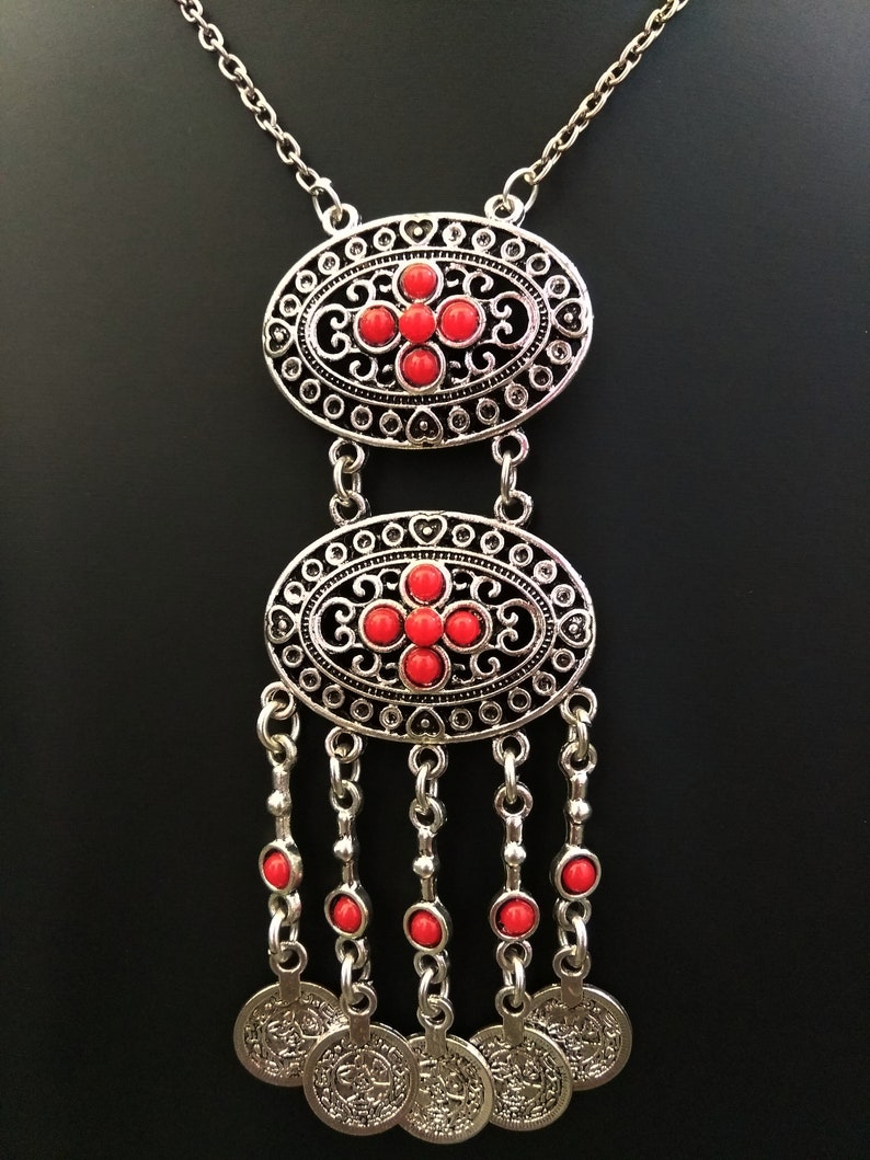 Vintage style pendant,Chunky long necklace,Coin fringe necklace,Ethnic boho necklace,Large gypsy necklace,Hippie tribal jewelry,Gift for her