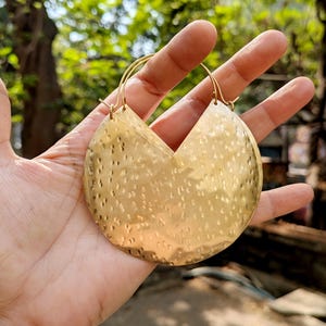 Gold Disc Earrings,Boho Ethnic Earrings,Extra Large Brass Earrings,Oversized Dangle Earrings, Hammered Earrings,Boho Ethnic Bohemian Jewelry