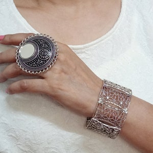 Bohemian ethnic ring,Oversized fulfinger ring,Large chunky bold ring,Antique silver statement ring,Circle mandala ringAdjustable tribal ring