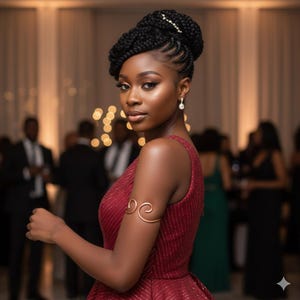 May include: A woman with dark skin and braided hair, wearing a red dress with a gold arm cuff and dangling earrings. The dress has vertical lines and a flared skirt. The background is blurred with soft lighting.