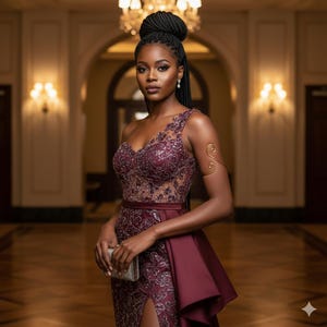 May include: A formal burgundy gown with intricate embroidery and a high slit. The one-shoulder design features delicate lace and sparkling embellishments. A gold arm cuff and a small clutch complete the elegant ensemble. The woman has her hair up in a bun.
