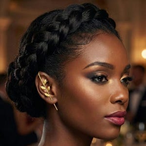 May include: A woman with dark skin and a braided hairstyle wearing a gold ear cuff. The ear cuff features a leaf design. The woman is wearing makeup with dark eyeshadow and a dark pink lipstick.