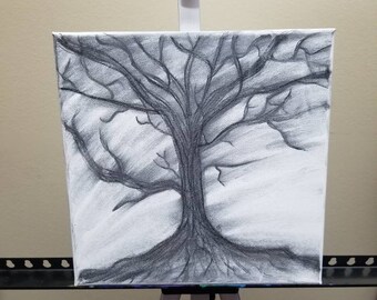 Charcoal Tree Drawing Handmade Art on Canvas