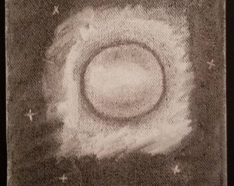 Moon with Stars in Night Sky in Charcoal Art Drawing Handmade