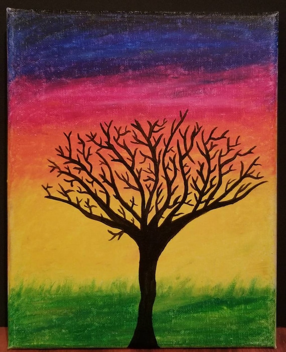 Rainbow Sunset In Oil Pastel And Black Tree In Matte Acrylic Paint On Canvas Art Drawing Handmade Colorful - galaxy background night sky oil pastel drawings sunset