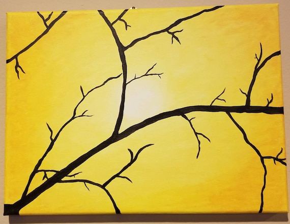 Jaune Soleil Au Pastel à Lhuile Avec Des Branches Darbres En Peinture Acrylique Noire Art Dessin Fait à La Main