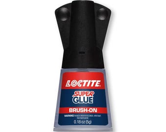 May include: A bottle of Loctite Super Glue Brush-On, with a black applicator and a label featuring red and blue text. The label indicates the glue is 0.18 oz (5g).