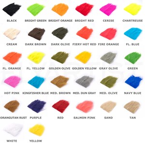 May include: A chart of 24 different colors of fur, each with a label underneath. The colors include black, bright green, bright orange, bright red, cerise, chartreuse, cream, dark brown, dark olive, fiery hot red, fire orange, fl. blue, fl. orange, fl. yellow, golden olive, golden yellow, gray olive, green, hot pink, kingfisher blue, med. brown, med. dun gray, med. olive, navy blue, orangutan rust, purple, red, salmon pink, sand, tan, white, and yellow.