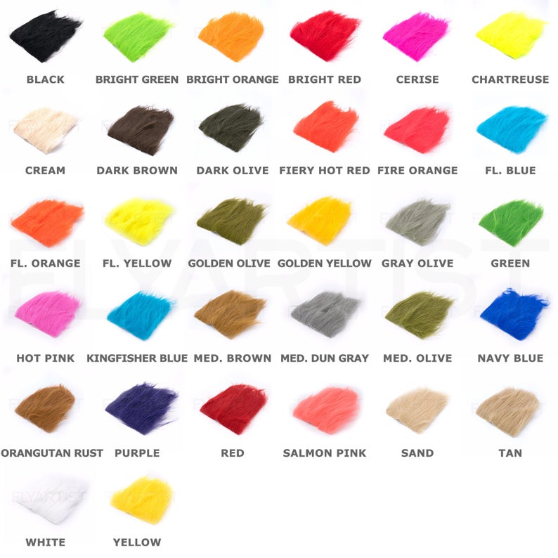 May include: A chart of 24 different colors of fur, each with a label underneath. The colors include black, bright green, bright orange, bright red, cerise, chartreuse, cream, dark brown, dark olive, fiery hot red, fire orange, fl. blue, fl. orange, fl. yellow, golden olive, golden yellow, gray olive, green, hot pink, kingfisher blue, med. brown, med. dun gray, med. olive, navy blue, orangutan rust, purple, red, salmon pink, sand, tan, white, and yellow.