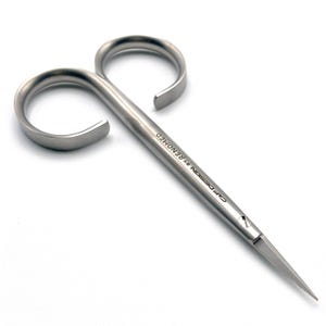 May include: Stainless steel surgical scissors with curved handles and pointed blades. The scissors have a loop on each handle for finger placement. The text "CAF DESIGN by RENOMED" is printed on the scissors.