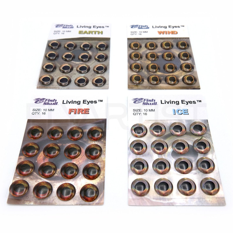 May include: Four packs of 10 mm fish eyes for fly tying. Each pack contains 16 eyes and features a different color scheme: Earth, Wind, Fire, and Ice.