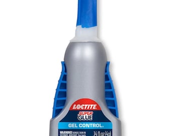 May include: A bottle of Loctite Super Glue Gel Control. The bottle is silver with blue accents and a blue cap. The label reads "GEL CONTROL" and includes a warning about skin bonding. It contains 0.14 fl oz (4g) of glue.