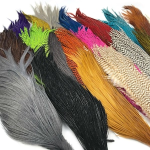 May include: A collection of colorful feathers in various shades, including gray, black, green, orange, pink, and brown. The feathers are arranged in a fan-like pattern, showcasing their diverse textures and hues. Ideal for crafting or decorative purposes.