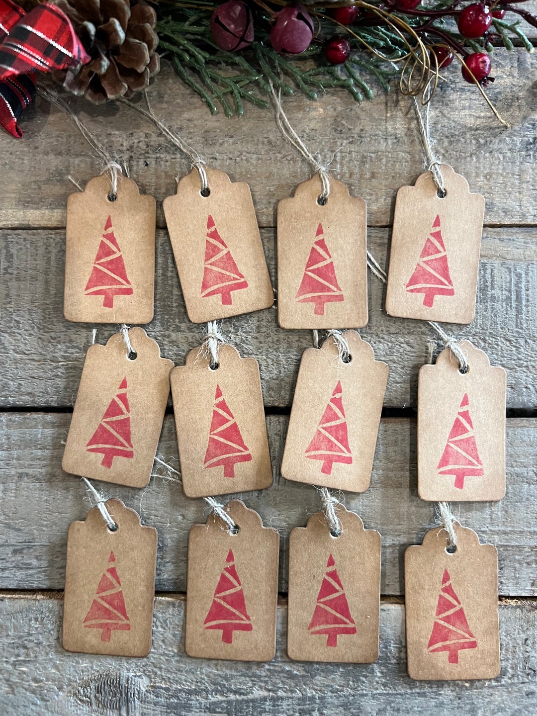 Terrific Tree Holiday Gift Tags, Set of 12, Hand Carved Stamp