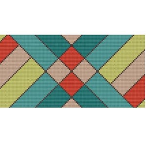 May include: Geometric cross-stitch pattern in a rectangular shape. The design features a repeating pattern of squares and diagonal lines in shades of red, teal, beige, and green, with black outlines.