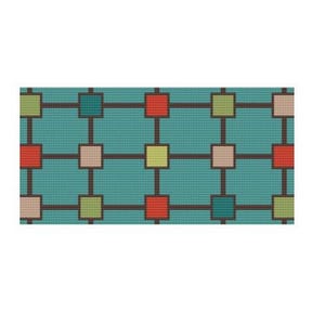 May include: A teal-colored geometric pattern featuring a grid of squares connected by dark brown lines. The squares are in shades of red, green, tan, and teal. The design is a repeating pattern.