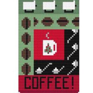 May include: A cross-stitch design with a coffee theme. The design includes coffee beans, coffee cups, and spoons. The word "COFFEE!" is displayed in bold letters at the bottom. The color palette includes green, red, black, and white.