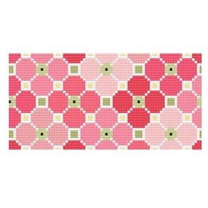 May include: A cross-stitch pattern featuring a repeating floral motif in shades of pink, red, and light rose. The design includes small square accents in pale yellow and olive green, arranged in a grid-like structure on a white background.